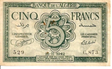 Banque D' Algerie  5 Francs  Date Issued: 11-16-1942 Dimensions: 200 X 100, Type: JPEG