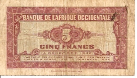 Banque De L'Afrique Occidentale  5 Francs  1942 Issue Dimensions: 200 X 100, Type: JPEG