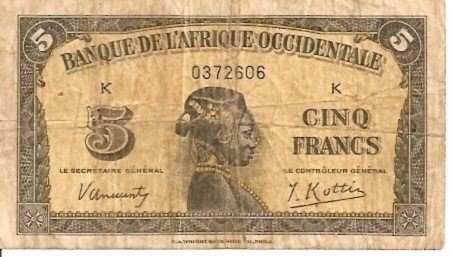 Banque De L'Afrique Occidentale  5 Francs  1942 Issue Dimensions: 200 X 100, Type: JPEG